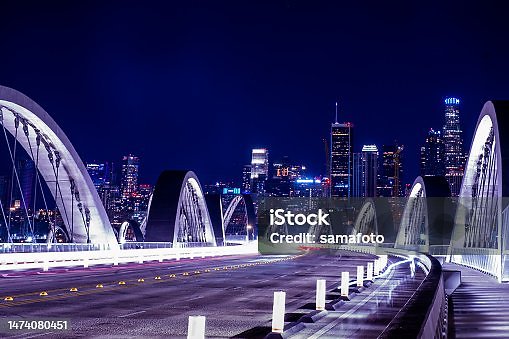 6th 027 - 6th Street bridge in Los Angeles at night with the Los Angles skyline background, California.
