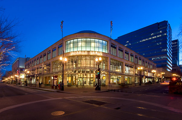 017 - An urban shopping mall in Portland, Oregon, photographed at dusk. Photographed by Oregon architecture and real estate photographer Timothy J. Park.