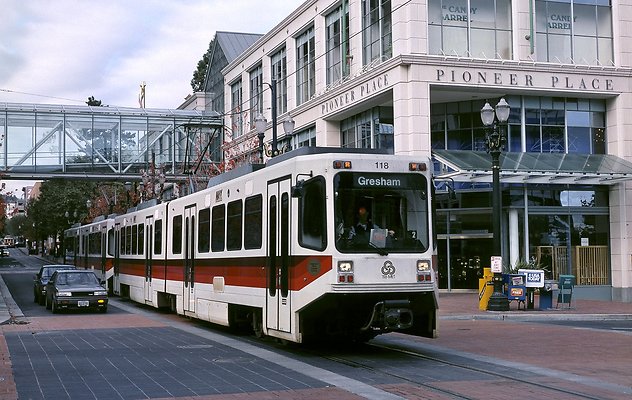 019 - Two-car train of Bombardier LRVs on Portland's MAX system, at 4th & Yamhill in 1991. Photo by Steve Morgan.
