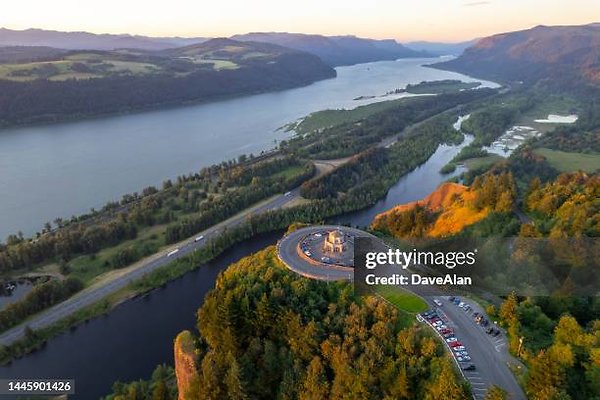 00 005 - Aerial view of the Vista House at sunset in the Columbia River Gorge, Oregon.